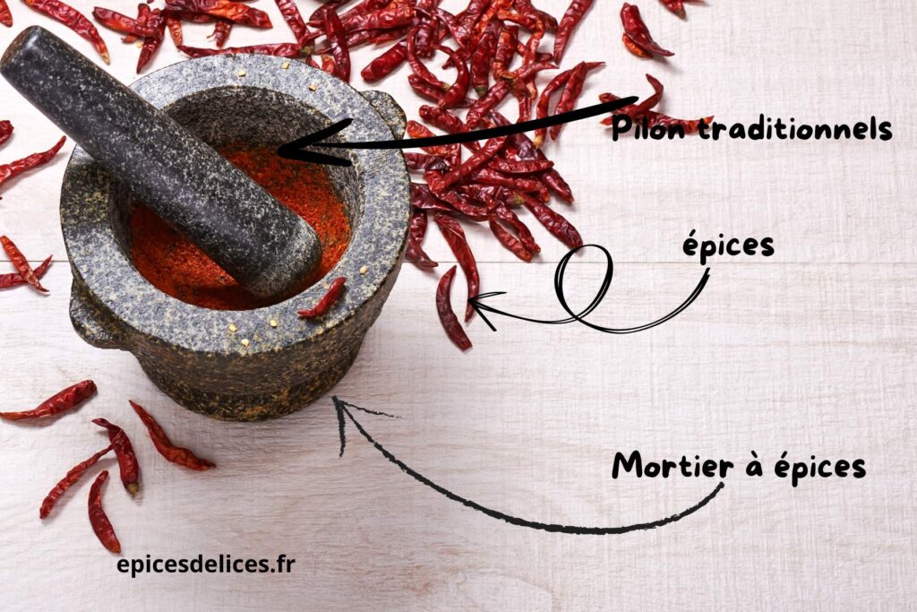Préparation des épices avec un mortier à épices